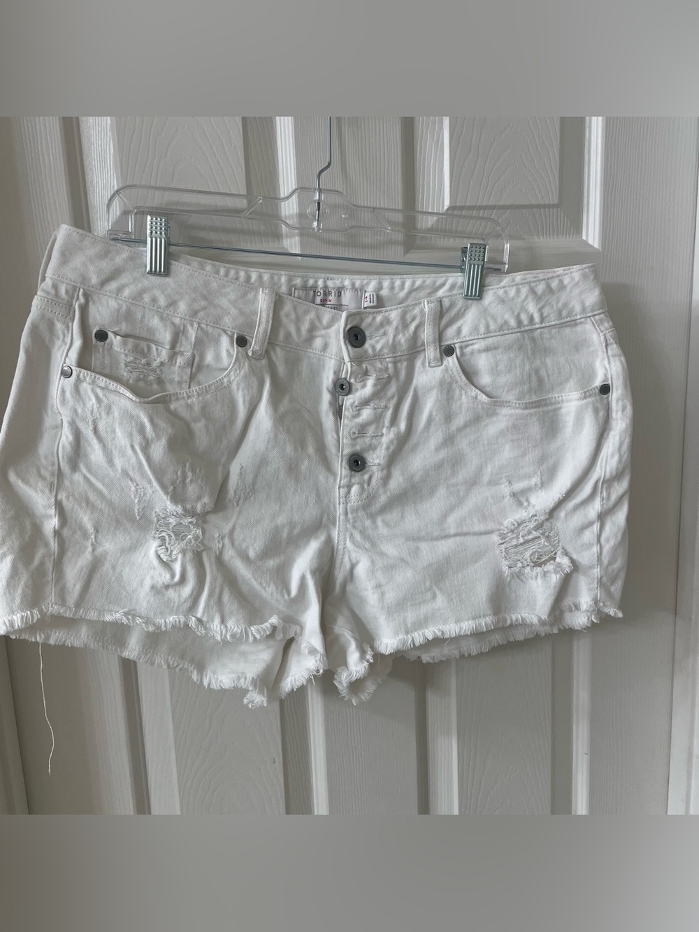 torrid White Distressed Button-Fly Denim Shorts